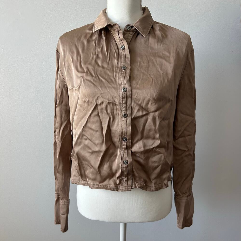 Pilcro Tan Camel Satin Button Up Blouse Top Career Wear Business Casual Size S - Picture 4 of 9
